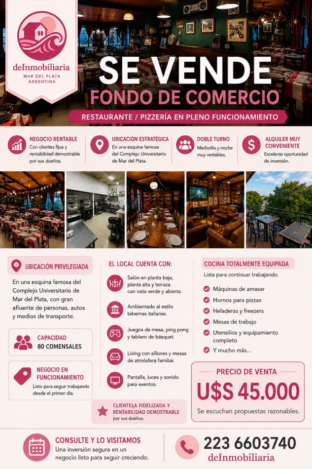 SE VENDE FONDO DE COMERCIO GASTRONOMICO. ZONA COMPLEJO UNIVERSITARIO MAR DEL PLATA.