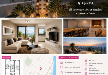 SE VENDE DEPARTAMENTO 3 AMBIENTES DE 55 M2 ZONA LA PERLA A METROS DEL MAR. ENTREGA 2027.